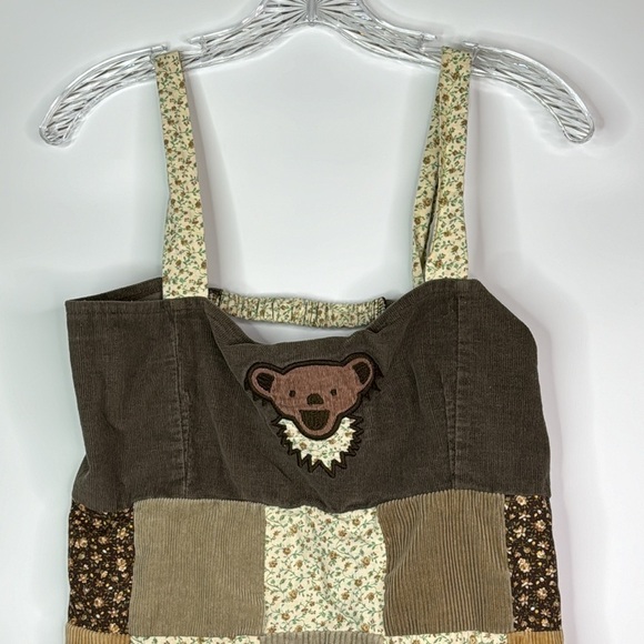Gypsy Rose Festival Patchwork Grateful Dead Bear Brown Apron Top - Picture 2 of 9